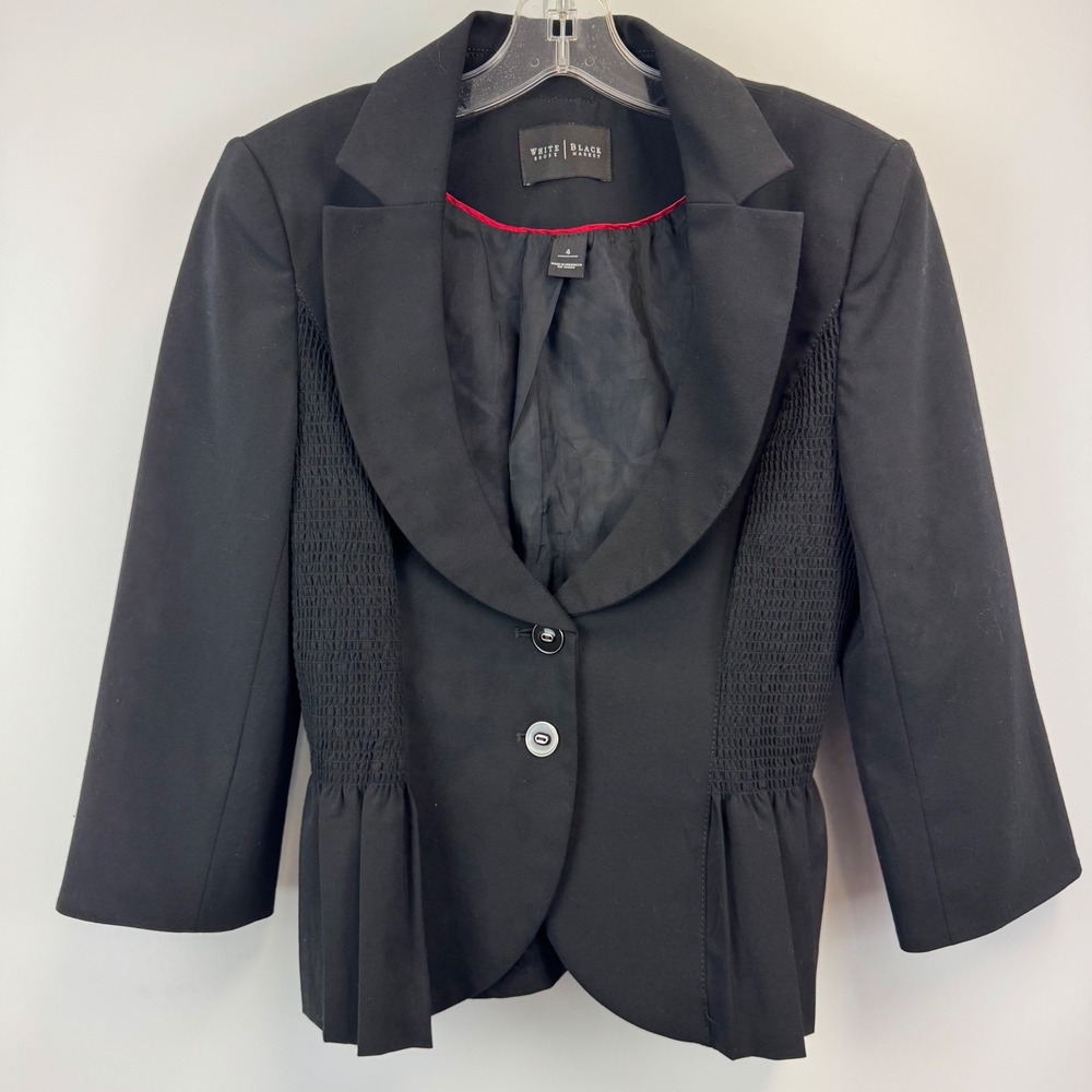White House Black Market Black Smocked Panel Blazer Jacket Size 4‎ Two Button